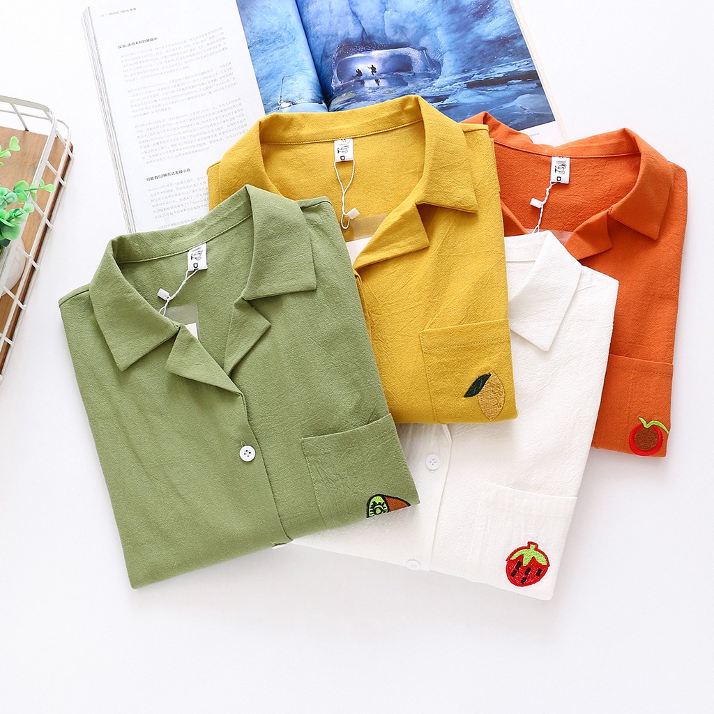 Áo sơ mi tay ngắn họa tiết trái cây đáng yêu trẻ trung cho nữ | BigBuy360 - bigbuy360.vn