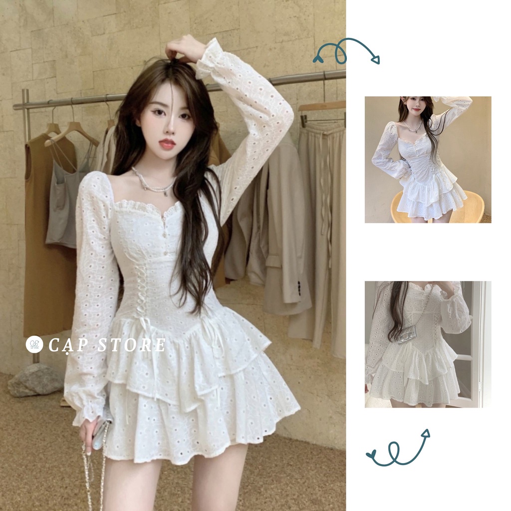 Đầm tiểu thư ren lỗ tròn dài tay 2 lớp dây thắt eo (kèm ảnh thật)