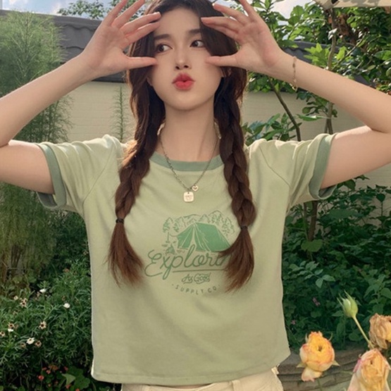 Áo thun ZHELIHANGFEI dệt kim ngắn tay cổ tròn màu tương phản thời trang dễ phối đồ