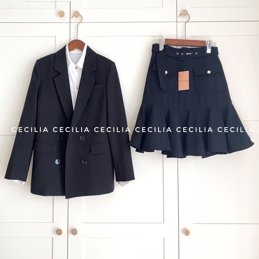 Áo blazer nữ dài tay 2 lớp CECILIA Design thiết kế AZURA khoác vest màu đen  dáng suông Hàn Quốc, có đệm vai