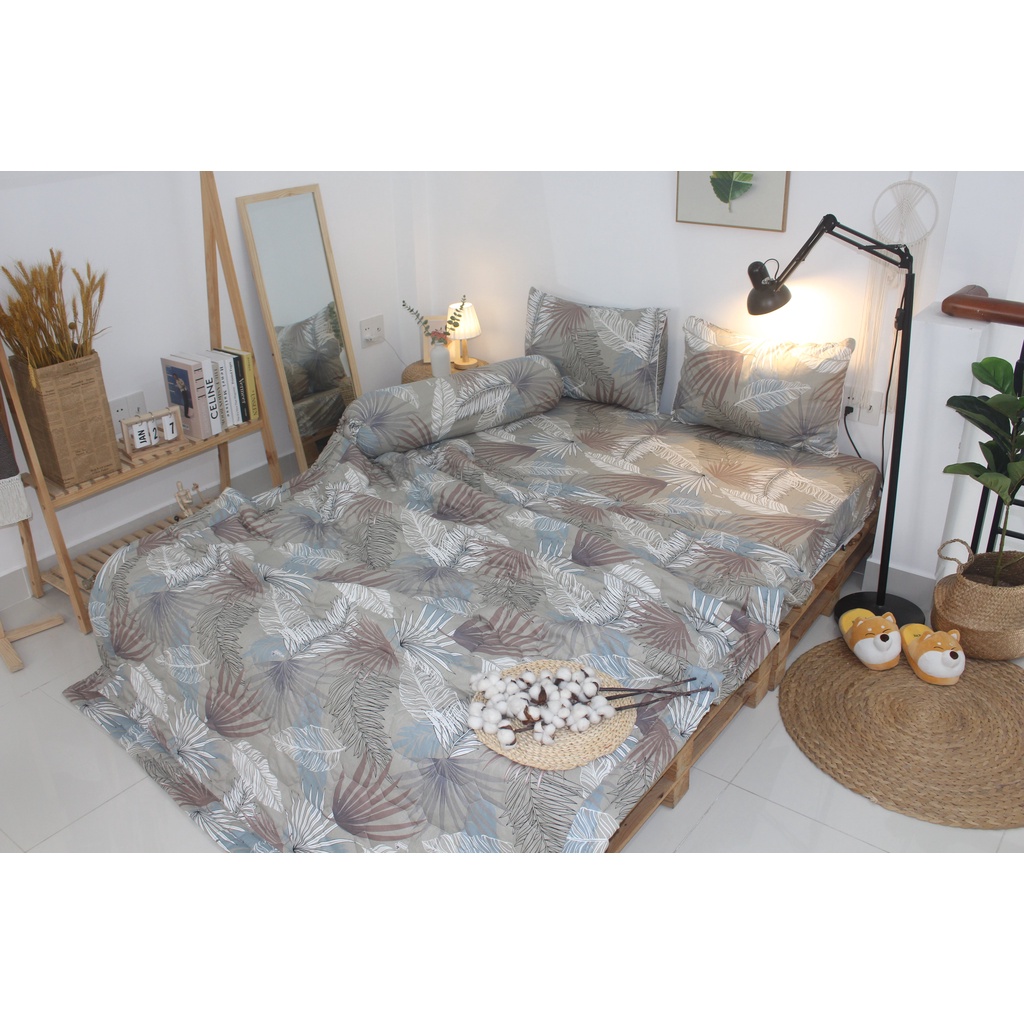 Bộ drap 4 món Cotton - Mẫu Lá Cọ Nền Nâu