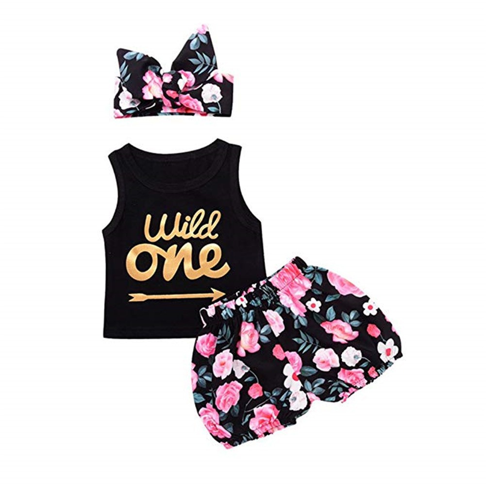 Mikrdoo Bộ áo thun không tay + Quần ngắn + Băng đô nơ dễ thương cho bé gái