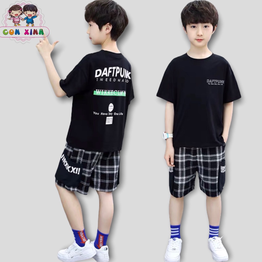 Đồ bộ bé trai CON XINH cotton phối quần caro in chữ DaftPunk,set quần đùi áo thun trẻ em từ 4 đến 10 tuổi