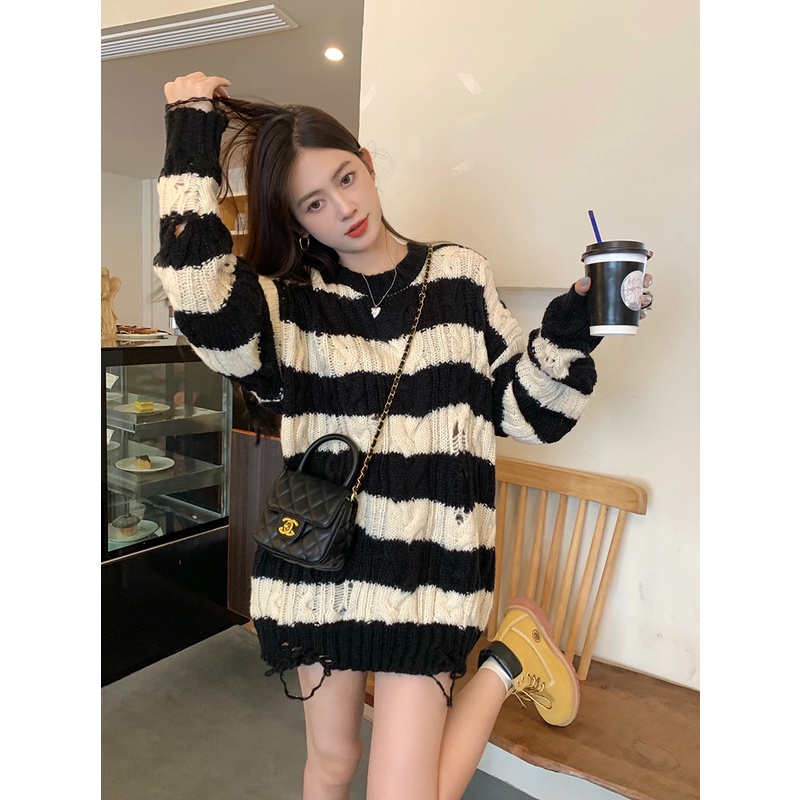 ZHELIHANGFEI Áo Sweater Tay Dài Dáng Rộng Họa Tiết Kẻ Sọc Thời Trang Retro Dễ Phối Đồ Cho Nữ