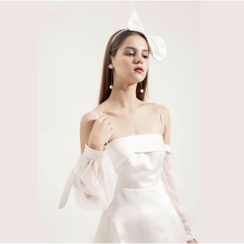 Đầm xoè rớt vai hai dây phối tay lưới có nơ tay chất lụa taffeta TRIPBLE T DRESS - size M/L - MS354V
