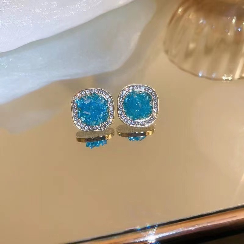 Khuyên Tai Hình Vuông Đính Đá Zircon Xanh Sang Trọng Cho Nữ