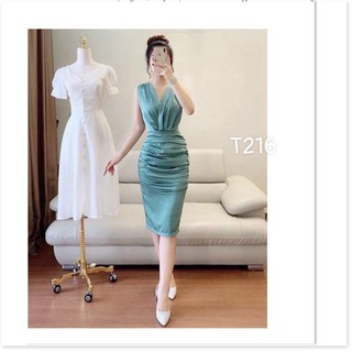 Đầm body cổ chéo nhún có mút lụa satin cao cấp