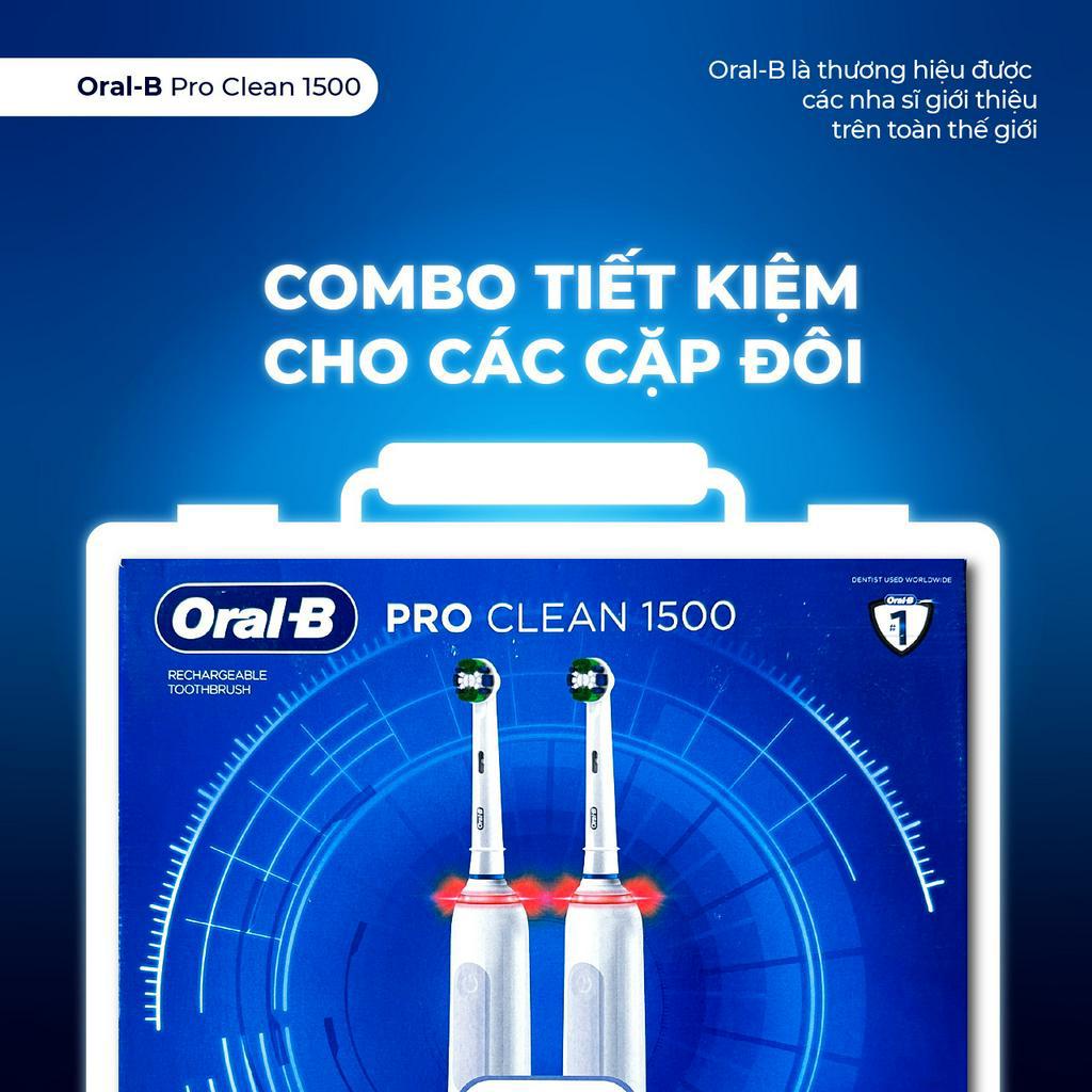 Bàn Chải Điện Oral-B Pro Clean 1500 - Combo Cặp Đôi, 2 Thân chải, 3 Đầu Thay &amp; 2 Travel Case, 3 Chế Độ, Made In Germany