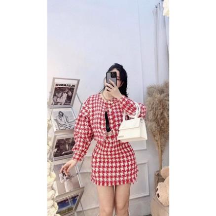 SET VÁY DẠ TWEED KẺ ĐỎ QC SIÊU HOT