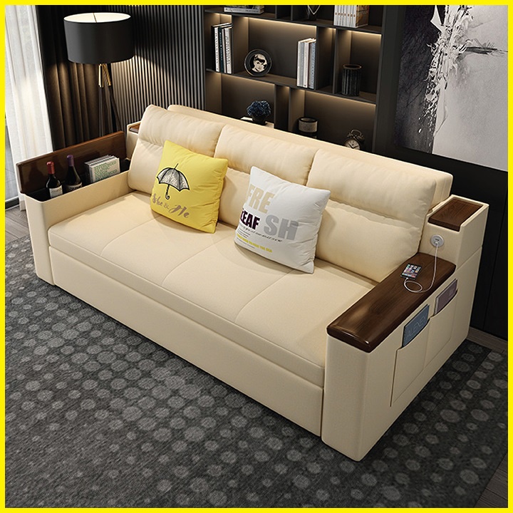 Giường Sofa Thông Minh, Vải Nano Tay Gỗ Óc Chó Cao Cấp Có Cổng Sạc Tiện Lợi KT 1,8m x 1,9m