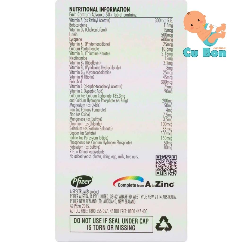Vitamin tổng hợp Centrum Advance 50+ Multivitamin 120 viên Úc bổ sung các vitamin và khoáng chất thiết yếu cho cơ thể