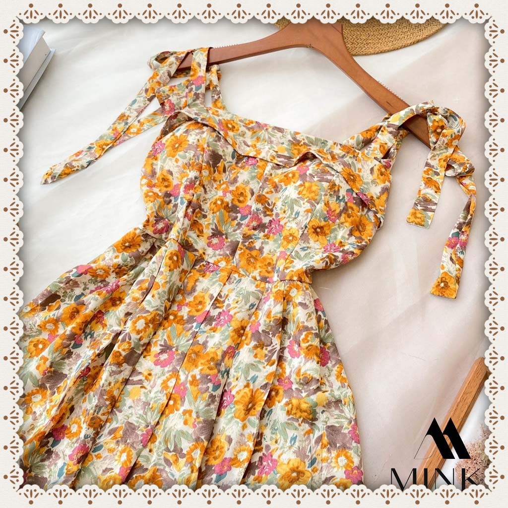 [HÀNG THIẾT KẾ] Váy Hoa Nhí Cột Nơ Vai (có mút) - Chất Liệu Voan Cát - Phiên Bản Hoa Cam | BigBuy360 - bigbuy360.vn