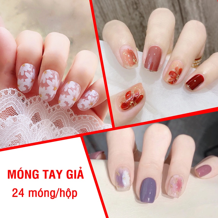 Bộ 24 móng tay giả nhựa thời trang hot trend có tặng kèm keo dán có thể tái sử dụng