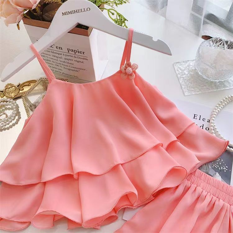Set Áo Hai Dây Phối Quần Short Vải Voan Mỏng Màu Trơn Thời Trang Hè 2022 Xinh Xắn Cho Bé Gái