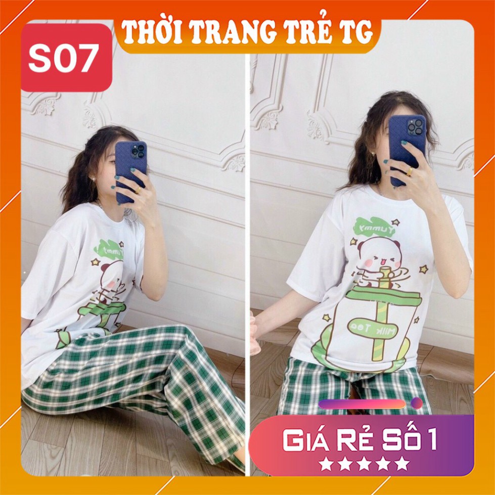 Đồ bộ nữ 𝑭𝒓𝒆𝒆𝒔𝒉𝒊𝒑 Set Đồ Bộ Quần Sọc Caro Ống Rộng S03 Hình Cartoon Cute  Freesize Form Rộng Cực Thoáng Mát