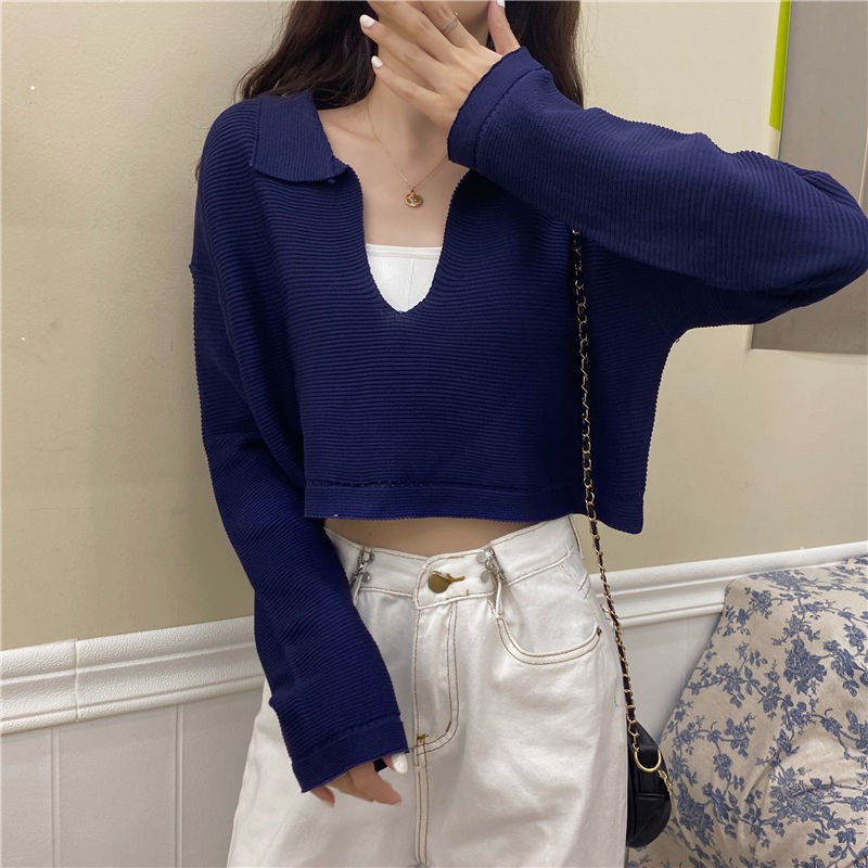 Croptop knit long sleeve V-neck, Korean version | BigBuy360 - bigbuy360.vn