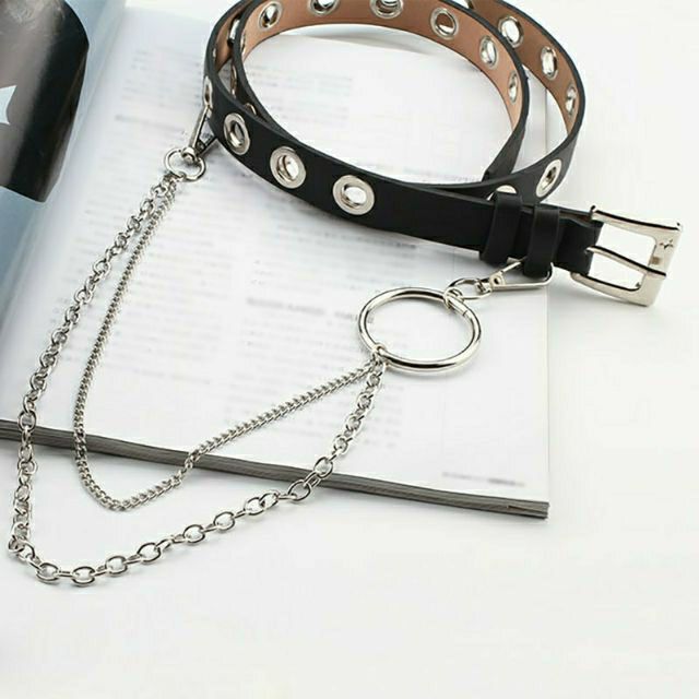 Belt chain thắt lưng da đục lỗ khoen 2 xích unisex