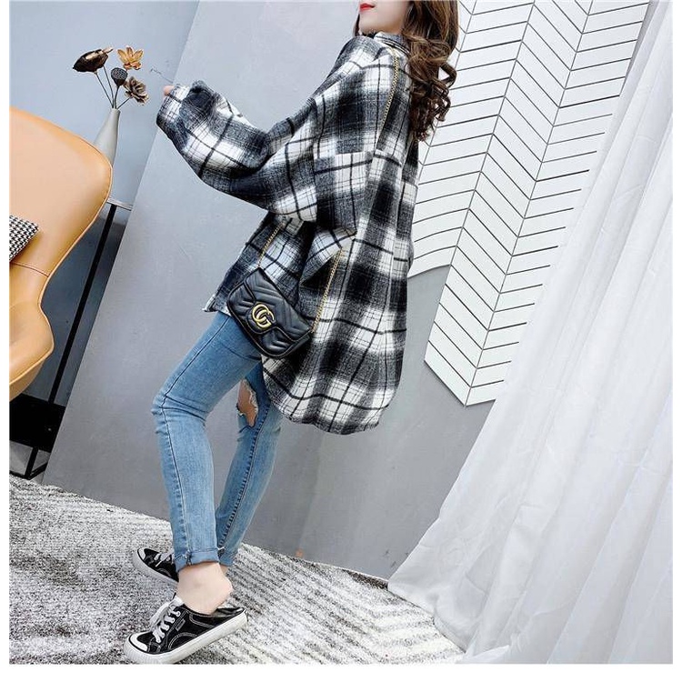 Áo Khoác Sơ Mi Caro Tay Dài Thời Trang Hàn Quốc Cho Nữ