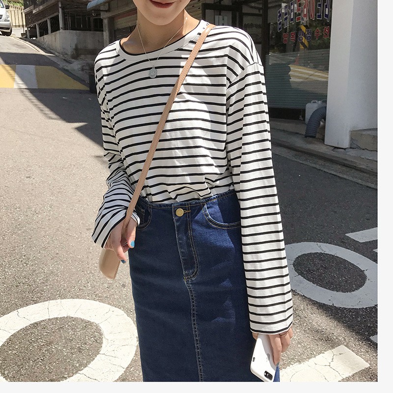 Áo thun dài tay kẻ sọc GURI form rộng unisex Hàn Quốc Áo thun tay dài Cotton Hàn Quốc