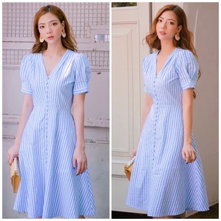 Đầm váy sọc xanh nút bọc (kèm hình thật)