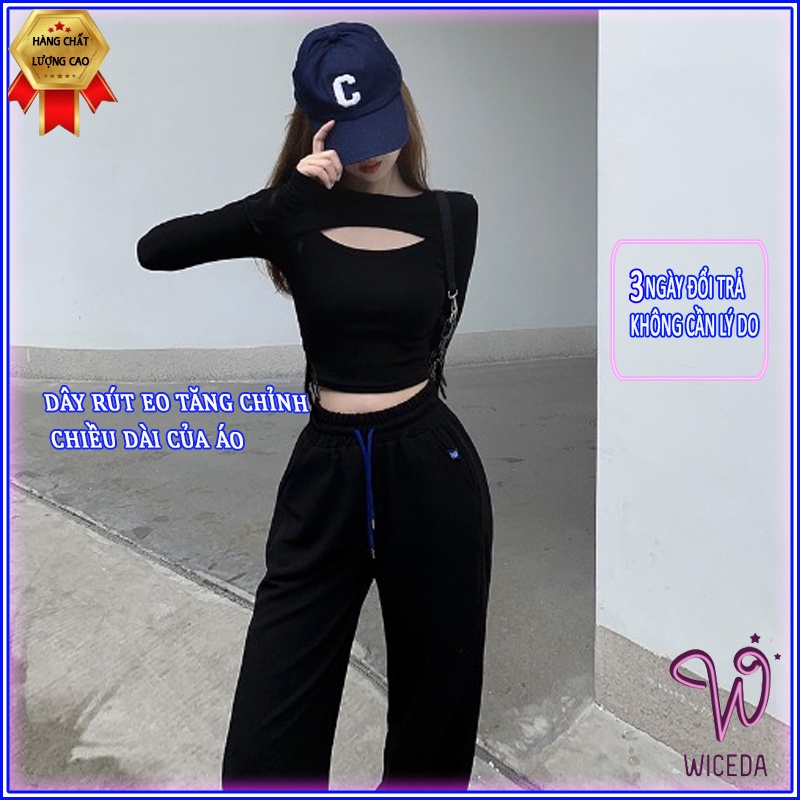 Áo croptop tay dài khoét ngực dây rút eo ôm body đẹp , ao thun kiểu nữ xinh chất cotton mềm mịn 2 màu đen trắng Wiceda 1