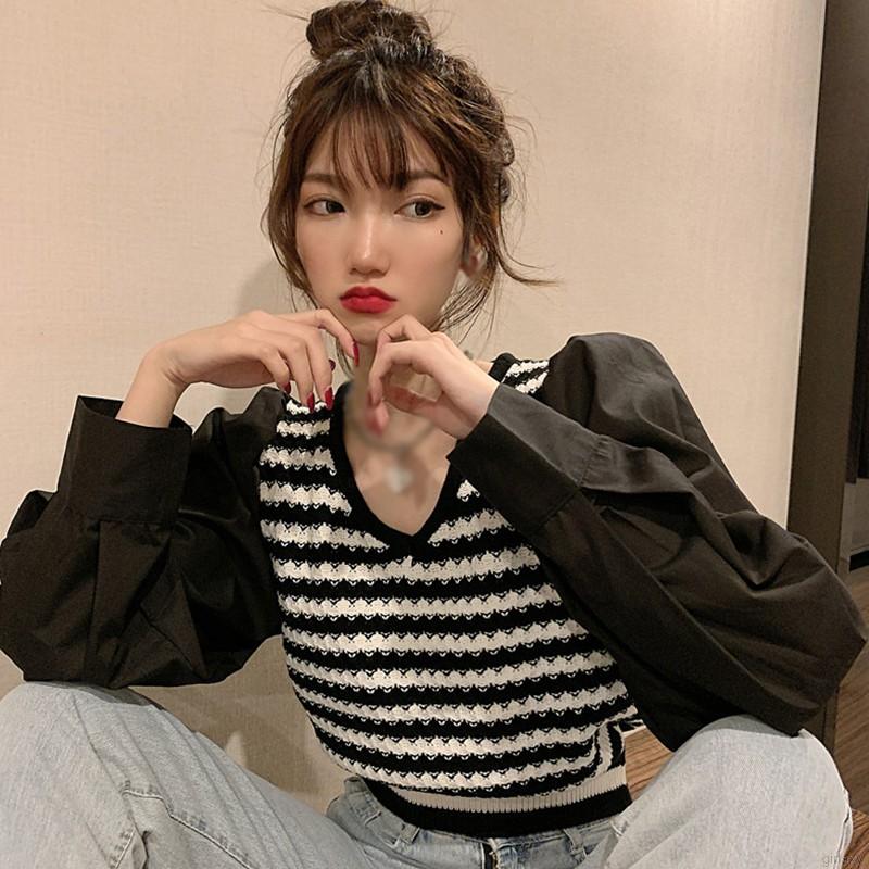 Áo Cotton Dệt Kim Tay Dài Cổ Chữ V Xinh Xắn Chất Lượng Dành Cho Nữ