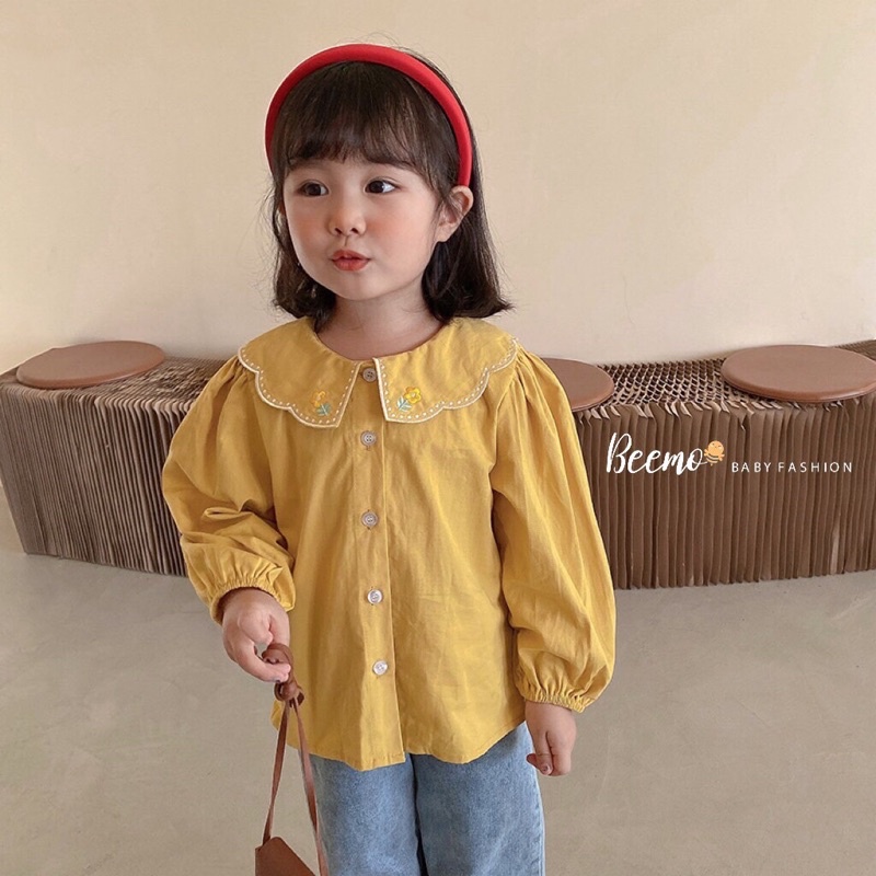 Áo sơ mi dài tay Beemo cổ sen sóng thêu hoa tiểu thư cho bé gái