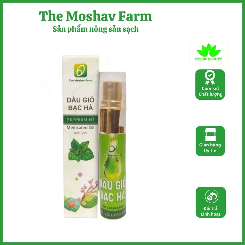 Dầu gió Bạc Hà The Moshav Farm dạng chai xịt 5ml, giải cảm lạnh, giúp thoải mái dễ chịu, làm dịu vết côn trùng