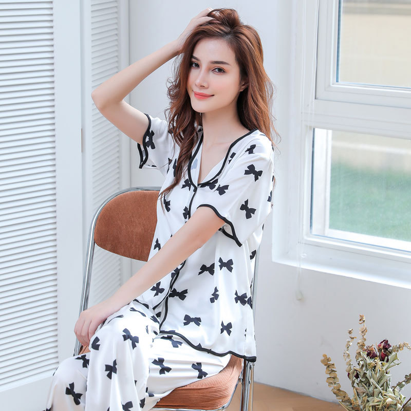 Bộ đồ ngủ ngắn tay họa tiết nơ phong cách Hàn Quốc nữ tính thoải mái