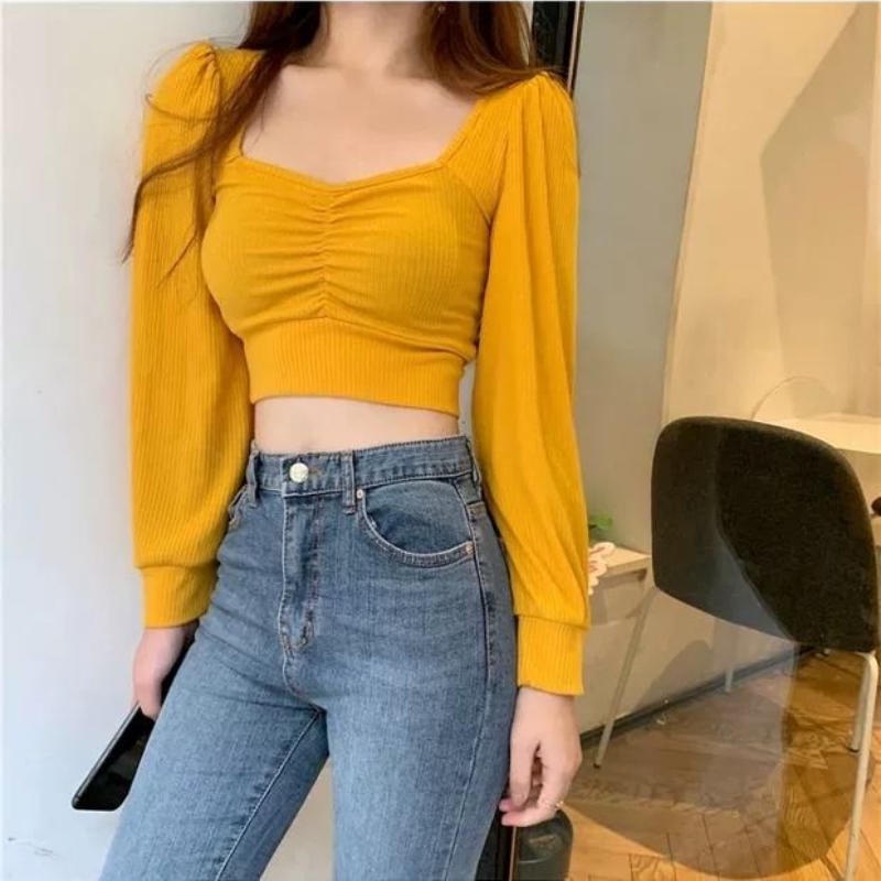 Áo Croptop Tay Phồng Dài Cổ Vuông Phong Cách Hàn Quốc Thời Trang 2022 Cho Nữ