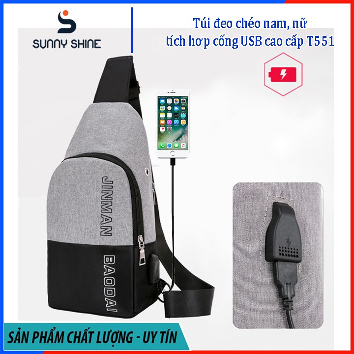 Túi đeo chéo nam, nữ tích hợp cổng kết nối USB, chất liệu vải canvas phối dù cao cấp, dùng cho mọi dịp T551 | BigBuy360 - bigbuy360.vn