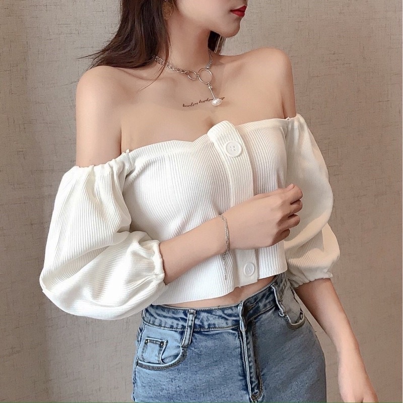Áo croptop nữ tay phồng dáng crop màu trắng, kem, xanh, hồng