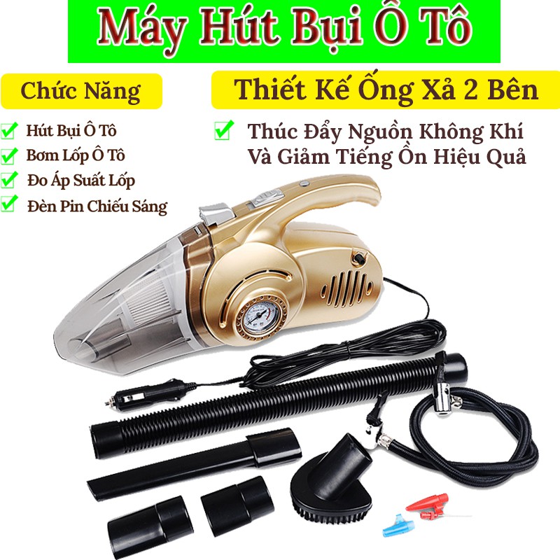 Máy Hút Bụi Ô Tô Cầm Tay Mini - Máy Hút Bụi Mini Đa Năng 4 In, Có Chức Năng (Bơm Hơi, Đo Áp Suất Lốp