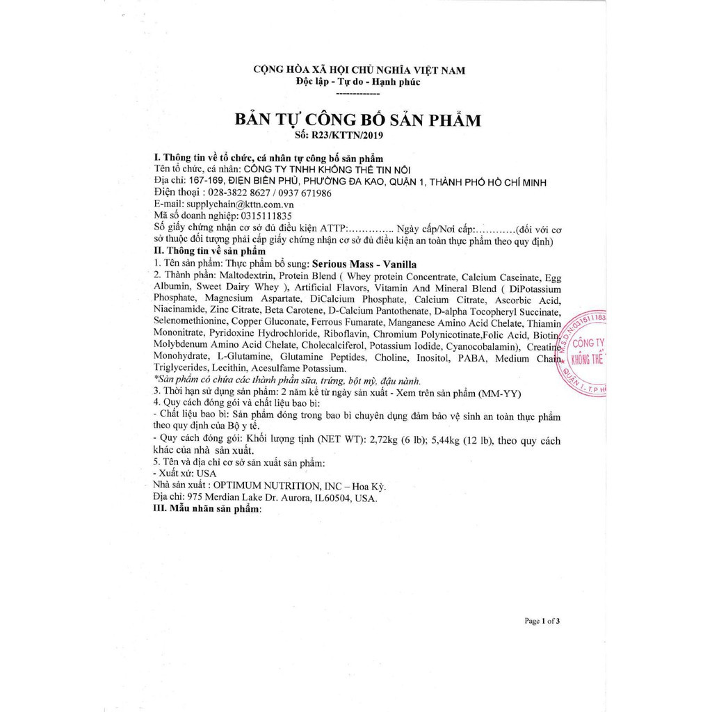Sữa Tăng Cân Serious Mass ON Túi 12Lbs – 5.44Kg cận date T12/2023