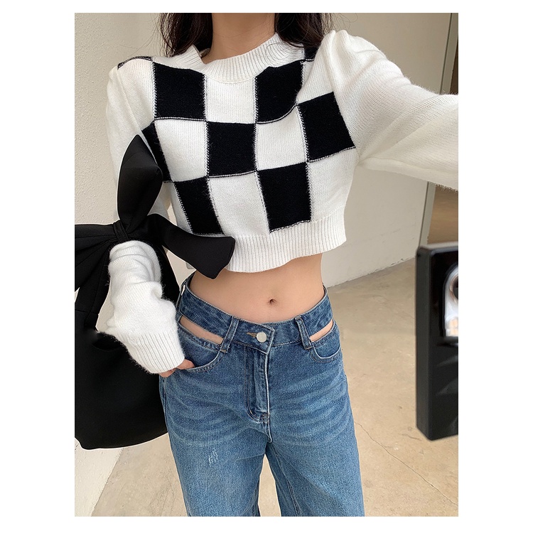SUXI Áo sweater dệt kim tay dài lưng cao kẻ caro phong cách Hàn Quốc cá tính cho nữ