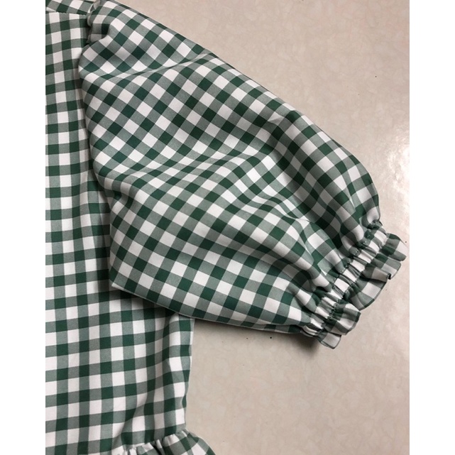 Áo babydoll caro xanh tay phồng cổ cà vạt tặng kèm scrunchie cùng màu