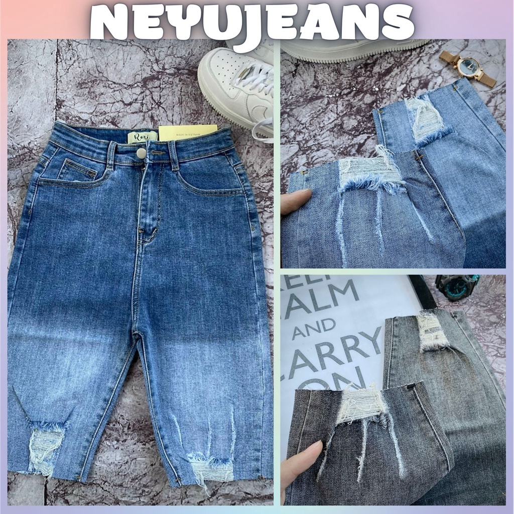 QUẦN JEANS Ngố Lưng Cao, Co Dãn, Ống Ôm Tôn Dáng Rách Kiểu, 2 Loại Màu