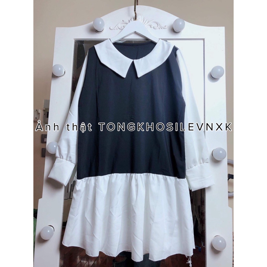 Váy Babydoll Nữ Đen Dài Tay Cổ Sen Trắng 🦋 Đầm Nữ Tay Bèo Đuôi Cá Phối Màu Thanh Lịch