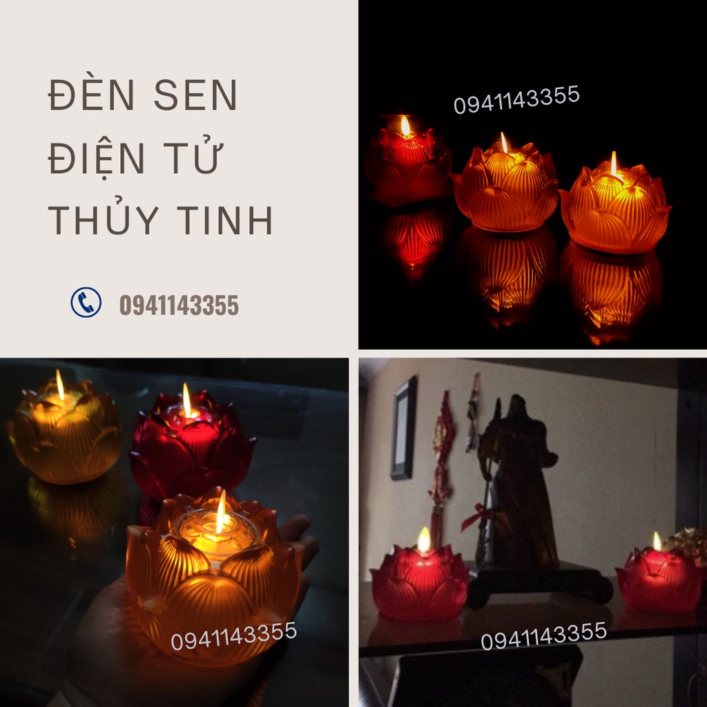 Đèn Nến Điện Tử Hoa sen pha lê dùng trang trí, thờ cúng, Size 10cm 12cm, sử dụng pin