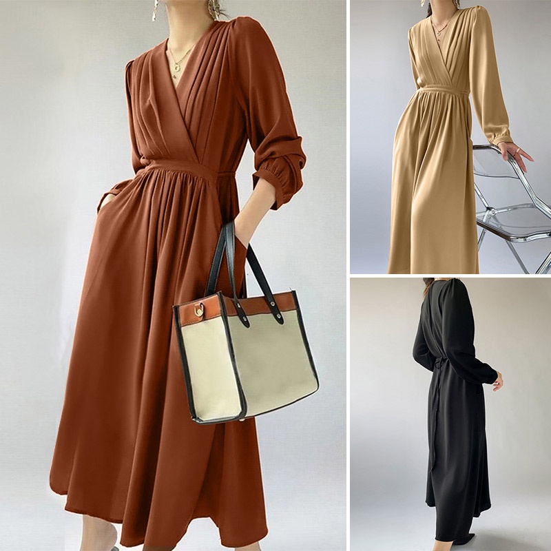 Đầm nữ Zanzea dài tay cổ chữ v thời trang Hàn