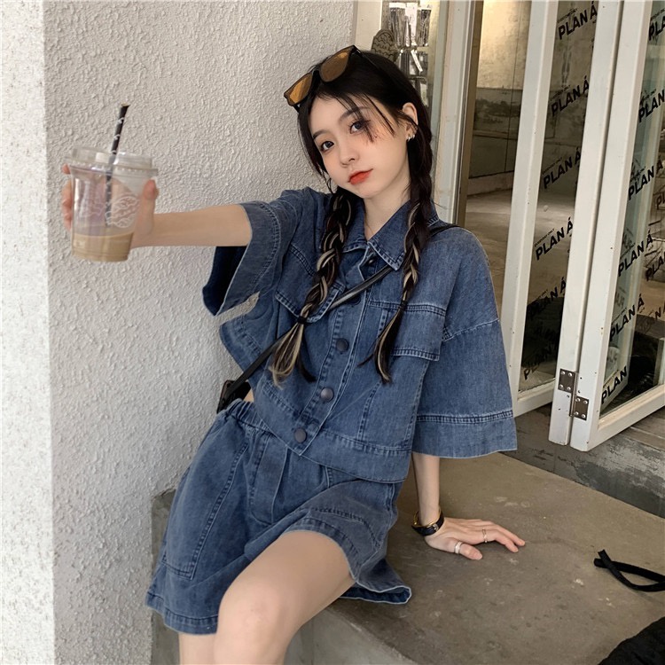 Ethelgirl Set Áo Sơ Mi Tay Ngắn Và Quần short denim Lưng Cao Ống Rộng Phong Cách Hong Kong Cho Nữ