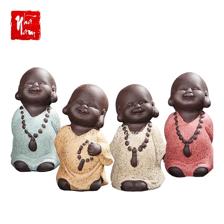 Bộ 4 tượng chú tiểu để bàn gốm tử sa cao cấp phụ kiện trang trí bàn trà vật phẩm phong thủy