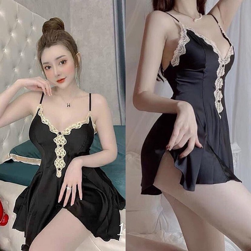 Đầm ngủ nữ, dáng xòe, không mút ngực, chất lụa satin, thiết kế phối ren siêu nữ tính, quyến rũ