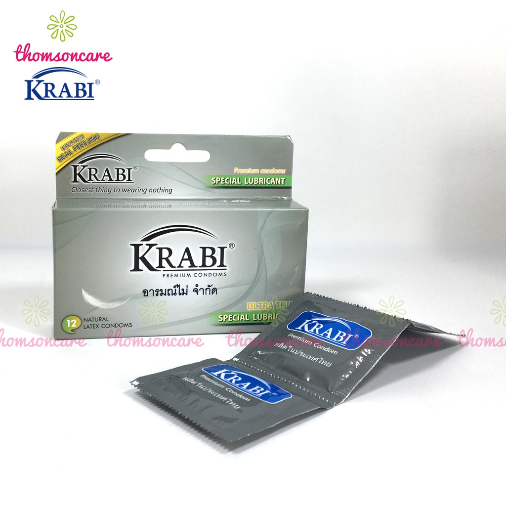 Bao cao su Krabi - bcs gân gai siêu mỏng, kéo dài thời gian bôi trơn, 49mm đôn dên - Hộp 12 chiếc condom từ Thái Lan