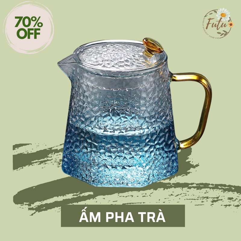 ✅ Ấm Thuỷ Tinh Pha Trà Hoa Màu Xanh Đậu Biếc, Ấm Chịu Nhiệt, Hoạ Tiết Vảy Cá Cao Cấp