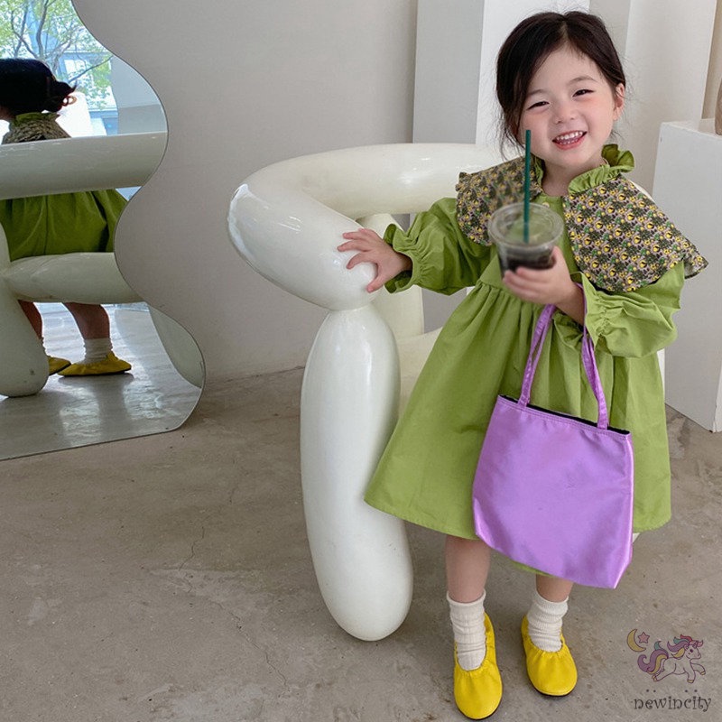 Đầm Công Chúa Tay Dài Cổ Bèo In Họa Tiết Hoa Phong Cách Hàn Quốc Cho Bé Gái