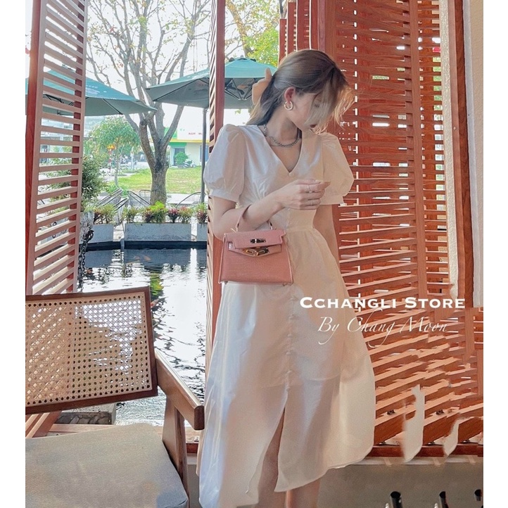 ĐẦM CỔ V MIDI NÚT BỌC TAY BÚP