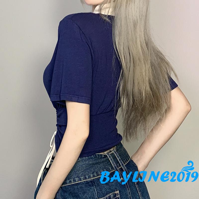 Áo Thun Croptop Tay Ngắn Cổ Chữ V Phối Dây Rút Thời Trang Mùa Hè Dành Cho Nữ