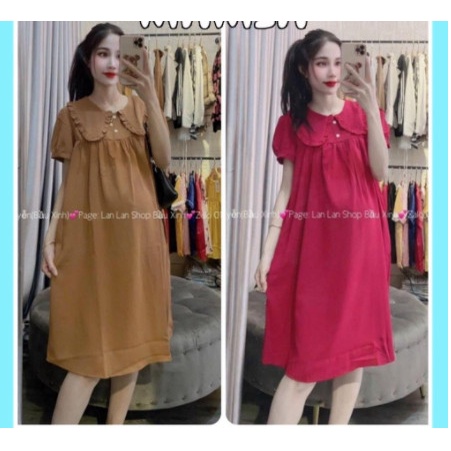 Váy Đầm Bầu Thời Trang Dáng Suông Chất Đũi Tay Ngắn Có Cổ Xinh