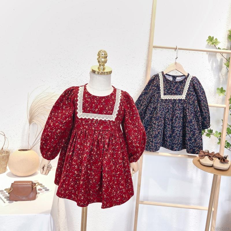 Đầm Hoa Tay Dài Phong Cách Retro Xinh Xắn Cho Bé Gái